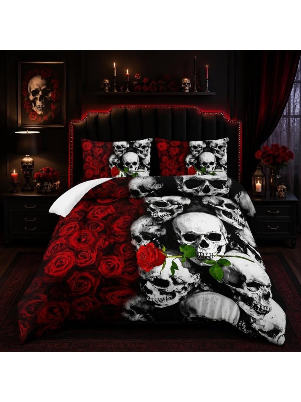 Gothic Skull Bedding Set Queen Size, Comforter & Quilt with Roses, Halloween